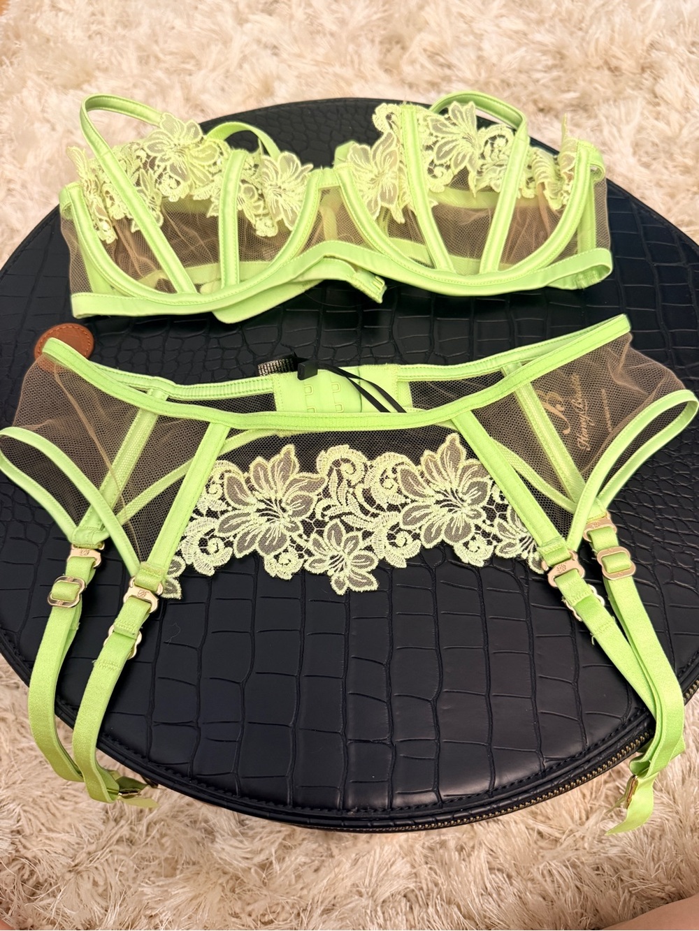 Honey Birdette Neon Lime Floral Lace Sheer Bra & Garter Set